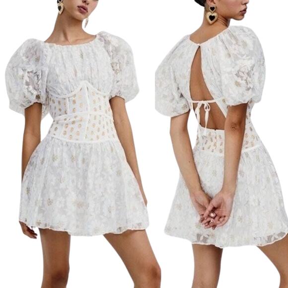 For Love And Lemons Dresses & Skirts - For Love & Lemons Lupita Mini Dress NEW White Gold Corset Shimmer Floral Lace L
